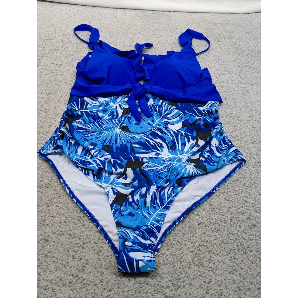 PatPat XL Blue Tropical Swimsuit One Piece Ruched Tummy Control Bathing Suit NWT